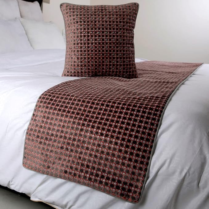 The HomeCentric Grey Bed Runner Without Pillow Cover, Queen Size 74"x18" Decorative Bed Runner, Peach & Grey Velvet Bed Scarf in Sequins Embroidery - Ditto Dots