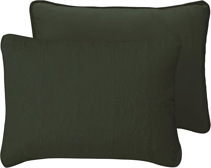 Easy-Going Full/Queen Size Reversible Quilt Set with 1 Quilt and 2 Pillow Shams, Soft Bed Quilt Cover, Water Resistant Lightweight Microfiber Bedspread, Stain Resistant, Damask-Army Green/Beige