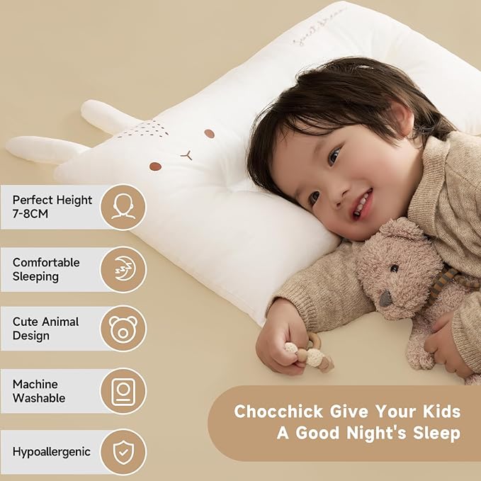 Choc chick Toddler Pillow,20X12inches Machine Washable 100% Cotton Pillowcase Soft Hypoallergenic Kids Pillows,Child Cute Animal Perfect Toddler Pillows for Sleeping 2 Years Old (Rabbit)