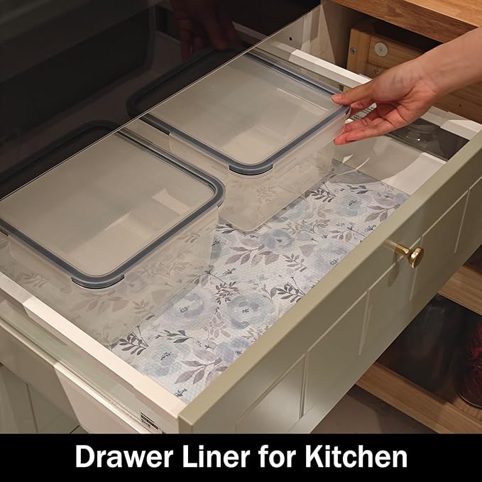 Blue Floral Shelf and Drawer Liner for Kitchen,12IN x 20FT Non-Adhesive and Strong Non-Slip Peony Cabinet Drawer Liners for Kitchen Shelf, Waterproof Cupboard Liners,Easy to Clean