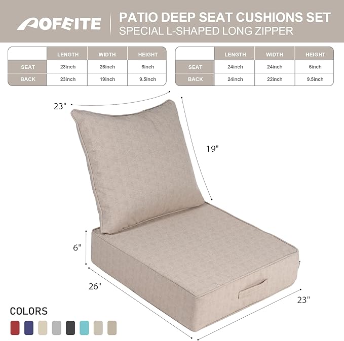Outdoor Olefin Water-Resistant Deep Seat Cushion Set, 2PCS Weather and Fade Resistant 23''x 26''x 6'' Patio Furniture Seat Cushion, Thickened Sofa Chair Pad for Lawn, Garden, Light Beige