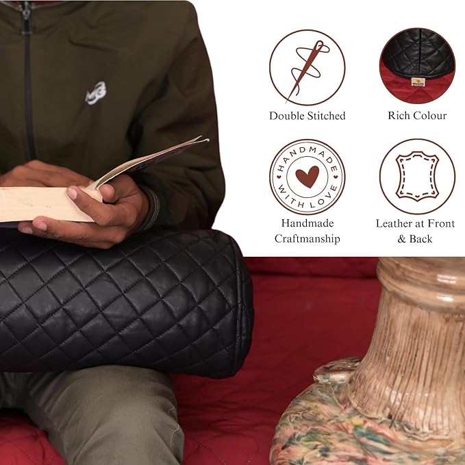 Neck Roll Pillow Cushion Cover, 20x6 Inch Full Moon Round Bolster Pillow Case, Cylinder Soft Lambskin Leather Pillowcase for Head, Spine & Neck Support During Sleep - Quilted Black Pack of 2