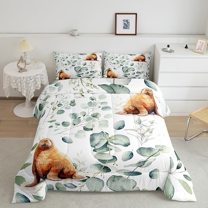 Erosebridal Cartoon Seal Bedding Queen Size Toddler Ocean Wildlife Comforter Set Queen, Spring Plant Duvet Insert Eucalyptus Leaf Quilt Set, Sea Animal Theme Bedding Comforters & Sets Kids Room Decor