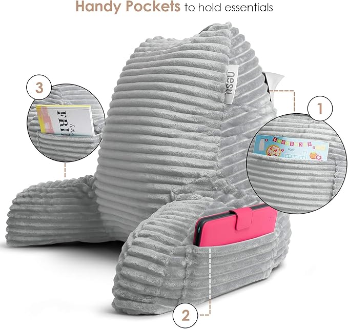 Nestl Reading Pillow with Shredded Memory Foam, Luxe Cut Plush Back Pillow for Sitting Up in Bed, Back and Arms Adjustable Support for Adult & Teens, Backrest Pillows with Washable Cover Light Grey