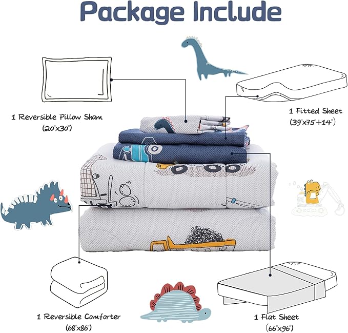 DJY Cotton Twin Bedding Set, Dinosaur Cars Reversible Twin Comforter Set for Kids Boys Girls, 4 Pieces Bed in a Bag Includes Quilted Comforter, Flat Sheet, Fitted Sheet and Pillowcase