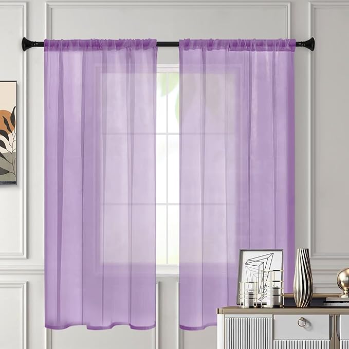 Sheer Curtains 63 Inches Long 2 Panels, Rod Pocket Short Curtain for Kitchen, Bedroom, Cafe Window(Lavender 38" W x 63" L)