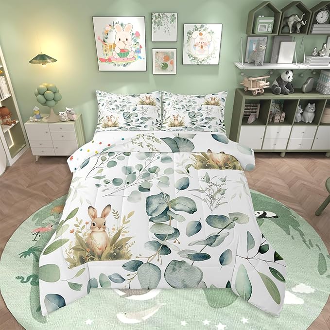 Erosebridal Girls Kawaii Animal Twin Comforter Set Cute Rabbit Bedding Set Twin, Cartoon Wildlife Bedding Comforter Sets Green Leaf Duvet Set, Spring Plant Quilted Comforter Child Kids Bedroom Decor