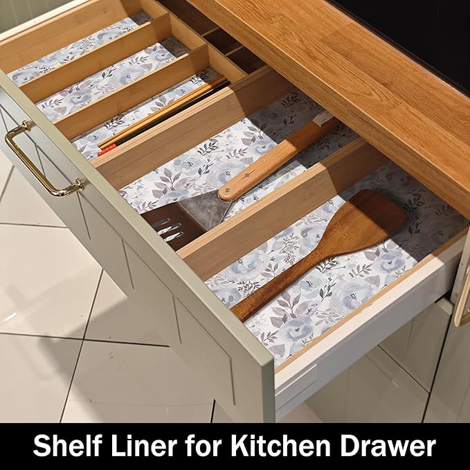 Blue Peony Shelf and Drawer Liner for Kitchen,Non-Adhesive and Strong Non-Slip Floral Cabinet Drawer Liners for Kitchen Shelf, Waterproof Cupboard Liners,Easy to Clean,12IN x 10FT