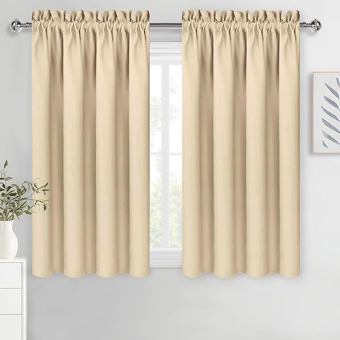 DWCN Beige Blackout Curtains for Bedroom – Rod Pocket Thermal Insulated Energy Saving Drapes for Living Room and Bedroom, W 42 x L 45 Inch, 2 Panels