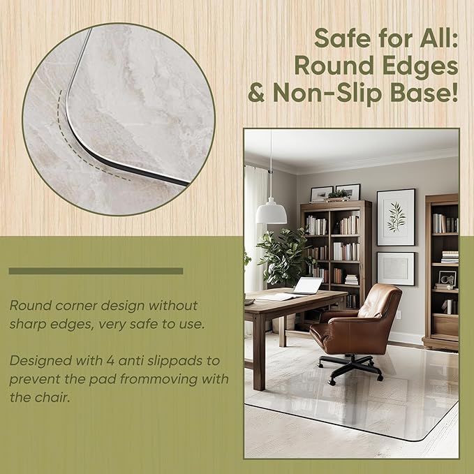Office Chair Mat for Carpet & Hardwood, Upgraded 45" x 60" Tempered Glass Chair Mat for Office Home, with 4 Anti-Slip Pads