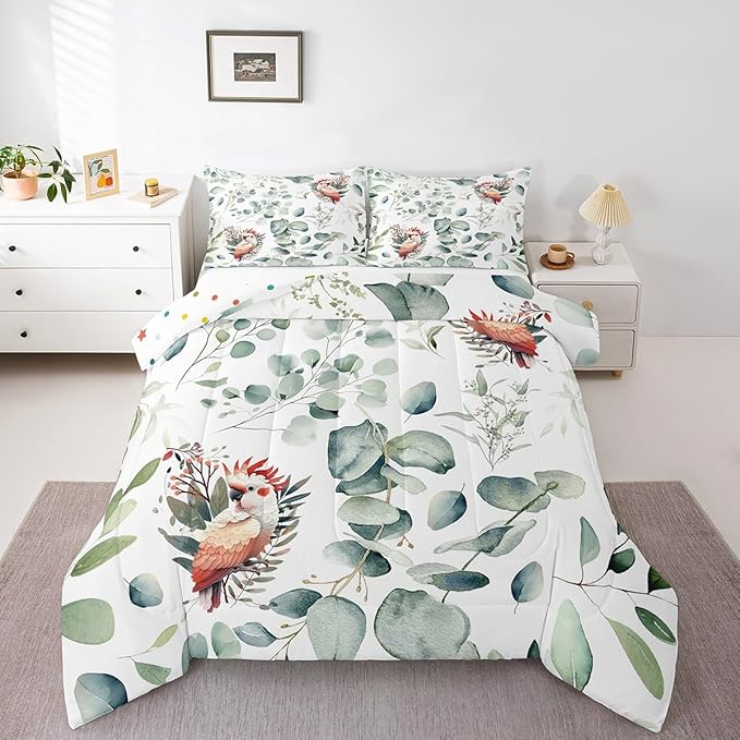 Erosebridal Cartoon Animal Bedding Full Size for Kids Toddler Kawaii Parrot Comforter Set Full, Wild Bird Duvet Insert Cute Wildlife Quilt Comforter, Green Eucalyptus Bedding Comforters & Sets