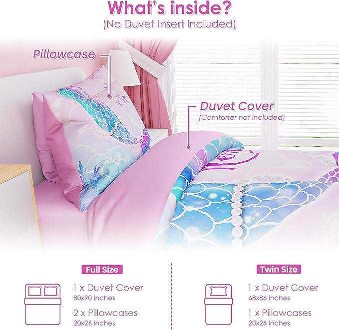 SANDJEST Mermaid Duvet Cover Sets Twin Size for Kids Girls, Include 1 Polyester Comforter Cover 68x86 Inches and 1 Pillowcase 20x26 Inches, Comforter Not Included, Gift for Christmas Birthday