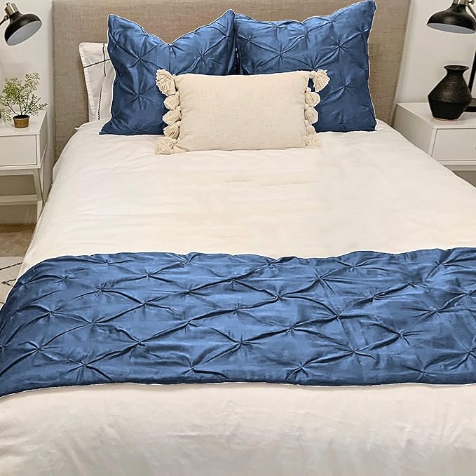Bed Runner Set - 100% Pure Cotton 800 Thread Count - Luxury 1 Pinch Pleated Bed Runner and 2 Pillow Cover - 3 Piece Pinch Pleated Bed Runner Set King, Medium Blue