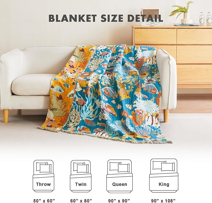 MSGKV Throw Blanket for Bed Cotton Cute Ocean Animals Twin Size Couch Blanket 60"x80" Muslin Breathable All Seasons Lightweight Farmhouse Home Decor