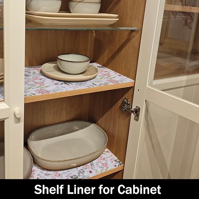 Floral Leaf Shelf Liners Strong Non-Slip and Non Adhesive 12IN x 20FT Shelf and Drawer Liners for Kitchen Cabinet Wire Fridge, Waterproof Shelf Drawer Liner,Easy to Clean