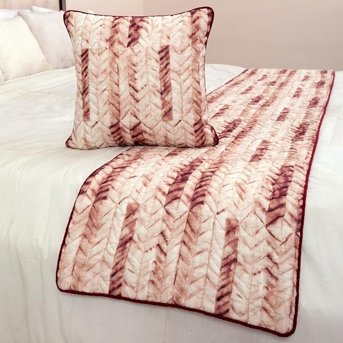 The HomeCentric King/Queen/Twin Maroon & Ivory Decorative Twin 53"x18" Bed Runner with Pillow Cover, Tie & Dye, Beaded & Quilted Bed Scarf on Cotton Fabric - Tie Dye Love