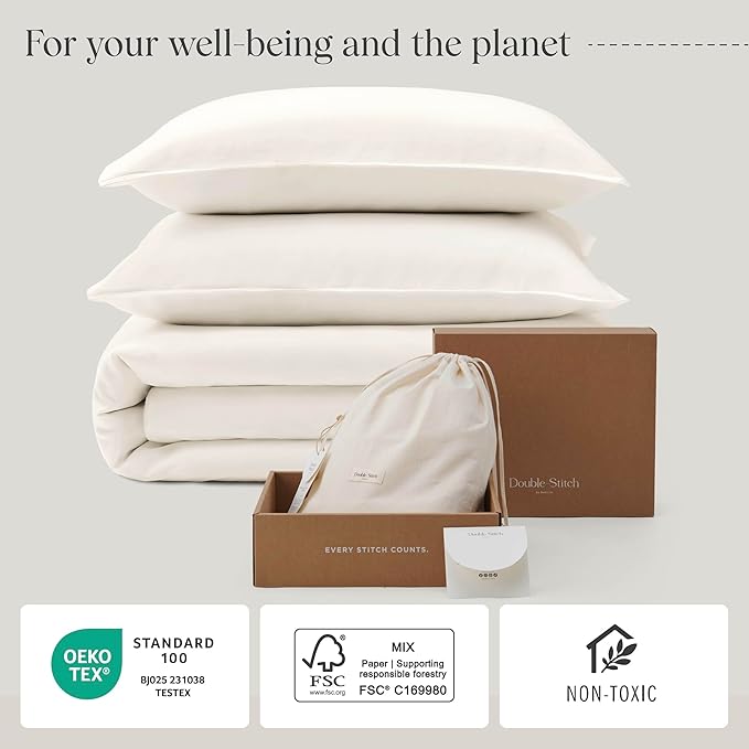 Double Stitch Cotton Tencel Duvet Cover - Queen Size Comforter Cover, Luxury & Soft Eucalyptus Lyocell Bedding Set for Hot Sleepers, Cooling, Smooth & Breathable, Button Closure, Cream, 90"x90"