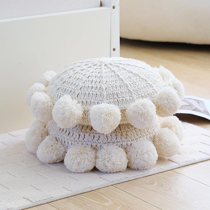 Beige 14 Inch Boho Round Throw Pillow, Cute Throw Pillow with Pom Poms Tassels, Decorative Circular Knitted Crochet Cushion for Couch Sofa Chair Bed