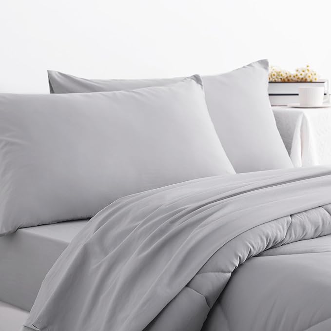 NTBAY Twin Comforter Set with Sheets, 5 Pieces Soft and Breathable Twin Bedding Set, Twin Bed in a Bag, Down Alternative Comforter Set Solid Color All Season, Kids Bedding Set, Light Grey