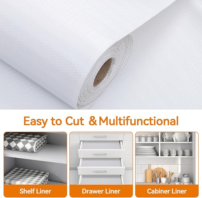 Shelf and Drawer Liner for Kitchen Cabinets Non-Adhesive, Strong Grip Non-Slip Thickened Cabinet Liners for Shelves, Waterproof Mats for Dresser Cupboard, White, 12 in x 10 Feet
