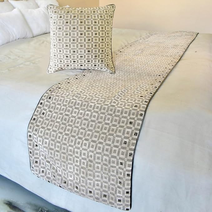 The HomeCentric King/Queen/Twin Grey Designer CA King 86"x18" Bed Runner with Pillow Cover, Checkered, Beaded, Hand Embroidery Bed Scarf on Velvet Fabric - The Brick Effect