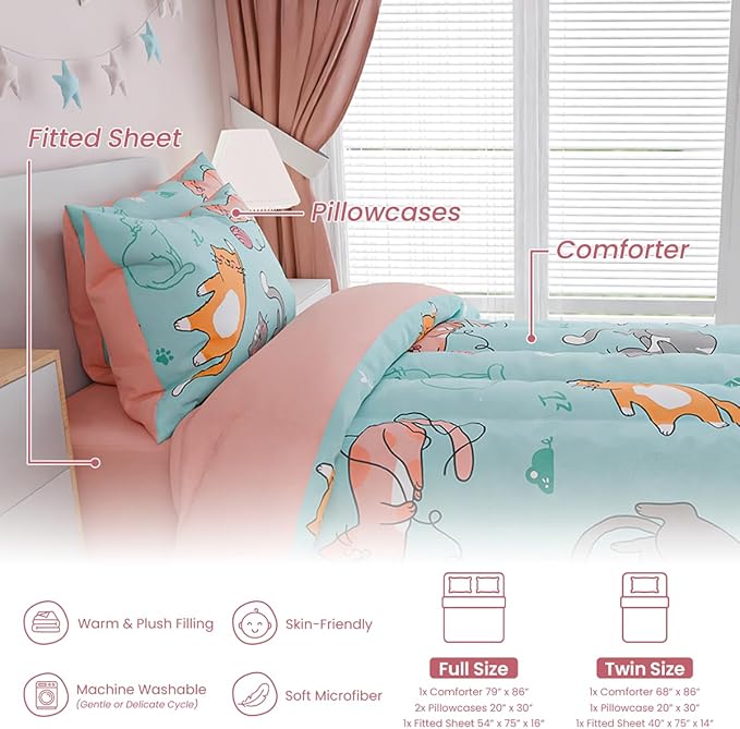 SANDJEST Cat Comforter Set Full for Girls, Ultra Soft Microfiber Bedding Sets with 4-Pieces, Cats Comforters Bed Sets for Kids Children Girl Bedroom Decor