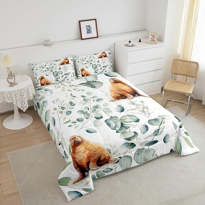 Erosebridal Cartoon Seal Toddler Bedding Sets Toddler Ocean Wildlife Comforter Set, Spring Plant Bedding Comforter Sets Eucalyptus Leaf Duvet Insert, Sea Animal Theme Down Comforter Kids Room Decor
