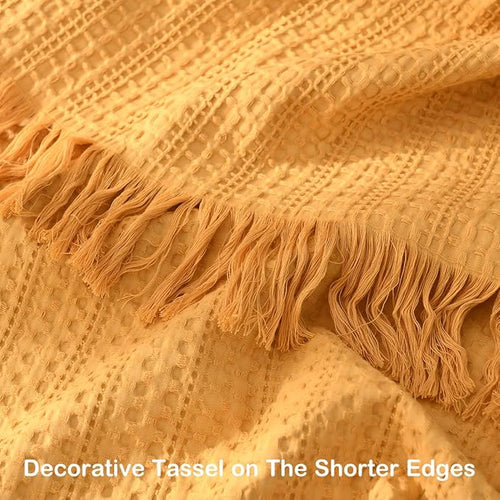 100% Cotton Waffle Blanket with Fringe, Pre-Washed Waffle Weave Blanket for All Season, Lightweight Breathable Soft Cozy Throw Blanket for Couch, Bed, Travel (Mustand Yellow - 66x90 Inches)