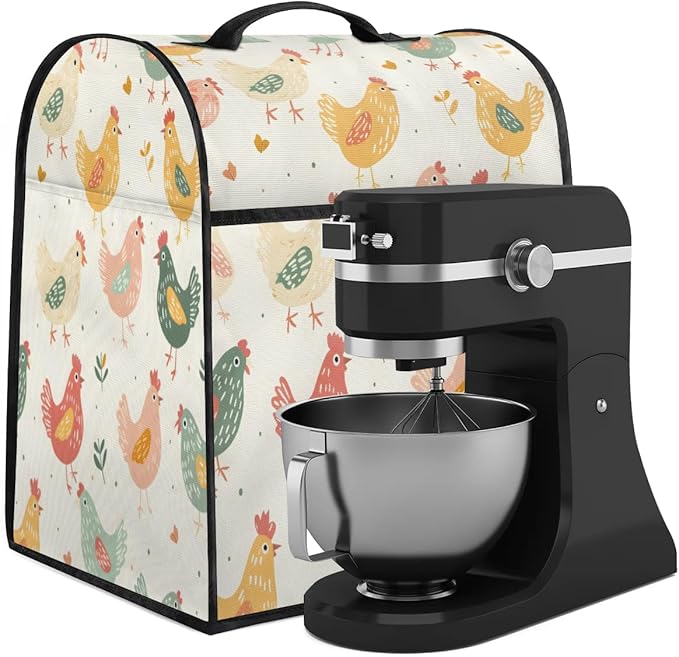 Kitchen Appliance Cover - Stand Mixer & Coffee Maker Dust Cover - Cute Hen Design - Fits 6-8 Quart Mixers - Polyester Fabric with Pockets