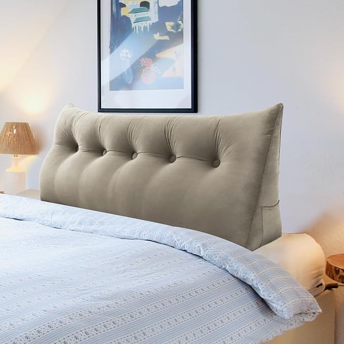Wedge Headboard Pillow Dorm Room Reading Pillow Back Support for Sitting Up in Bed Bolster Lumbar Cushion Body Positioning Bedrest Velvet 59in Light Tan Queen