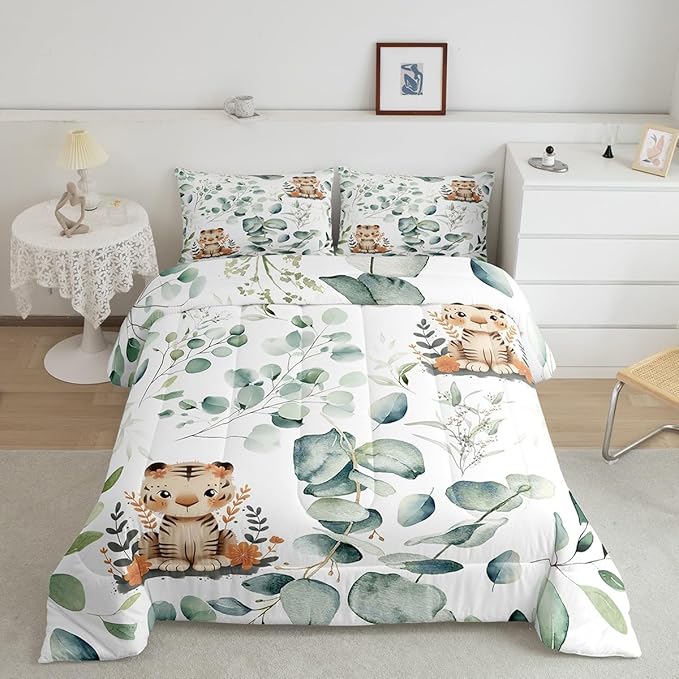 Erosebridal Kids Cute Animal Toddler Comforter Set for Girls Boys Cartoon Tiger Bedding Set, Spring Eucalyptus Bedding Comforter Sets Leaves Duvet Set, Kawaii Jungle Animal Quilted Comforter