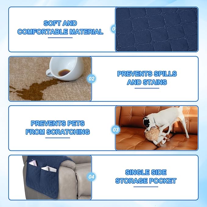 uxcell 3 PCS Armrest Covers, Couch Arm Cover Furniture Protect Slide Recliner Chair Armchair Covers with Side Storage Pocket for Sofa Recliner, Navy