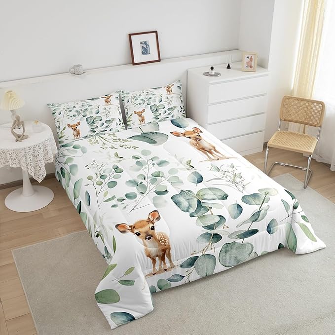 Erosebridal Cartoon Deer Toddler Size Comforter Set Toddler Woodland Wildlife Bedding Set, Spring Plant Down Comforter Eucalyptus Leaf Bed Set, Jungle Animal Theme Quilted Duvet Kids Room Decor