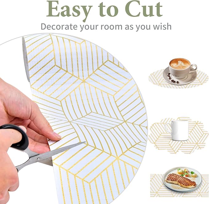 Shelf Liners for Kitchen Cabinets 12in x 20FT, Non Adhesive Cabinet Liner Strong Non-Slip Thickened Gold Geometric Drawer Liner, Easy to Clean for Shelf, Cabinet with Knife and Tape Measure