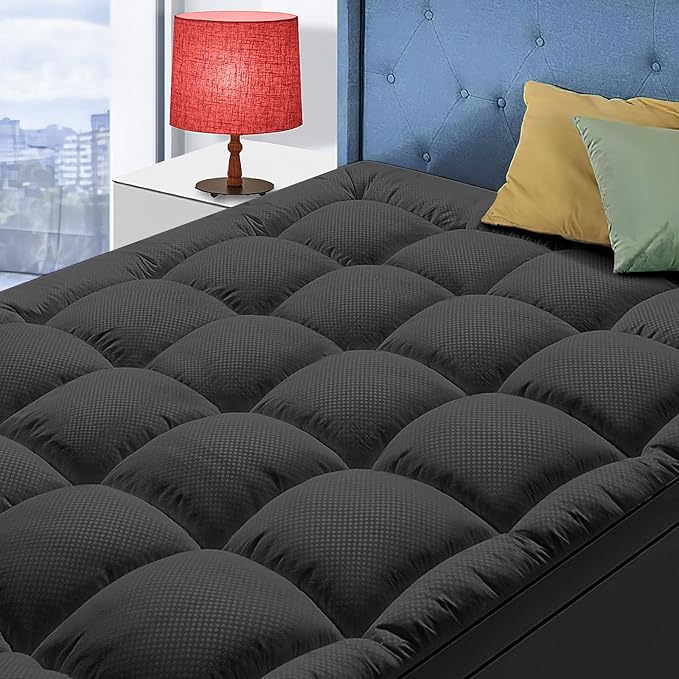Full Size Mattress Topper for Back Pain, Cooling Extra Thick Mattress Pad Cover with 8-21 inch Deep Pocket, Plush Pillow Top Mattress Topper Overfilled with Down Alternative, Full Size, Black