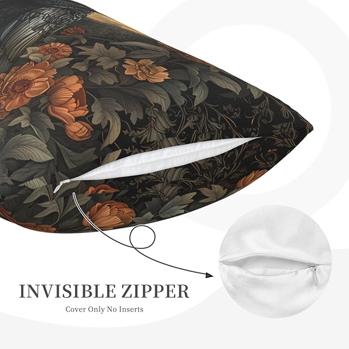 Mystical Raven Art Print Decor, William Morris Abstract Vintage Floral Design 20x12 inches Throw Pillow Covers Square Pillowcases Decor for Bed Couch Sofa Room Cushion Covers
