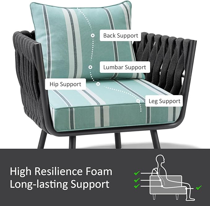 Outdoor Patio Chair Cushions Set, 24" x 24", Set of 2, Water-Repellent, Fade Resistant, Deep Seat Bottom and Back Cushion for Backyard, Couch, Sofa and Patio Furniture, Aqua Stripe