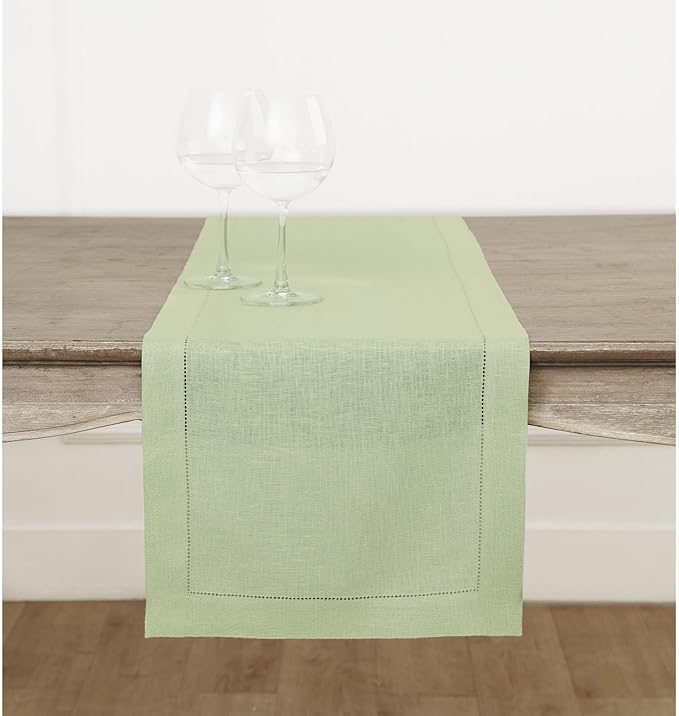 Solino Home Linen Table Runner 36 Inches - 100% Pure Linen Sage Green Hemstitch Table Runner 14 x 36 Inch Ideal for Dresser and Coffee Tables - Christmas, Winter, New Year - Classic Hemstitch