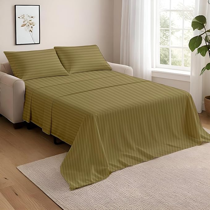 NON Sticky cotton Twin Size Sleeper Sofa Sheets, 4 Piece Egyptian Cotton Bed Sheet Set for Sofa Bed, 8" Deep Pocket for Pull Out Couch Mattress, 39" x 75", Taupe Stripe, Soft & Breathable
