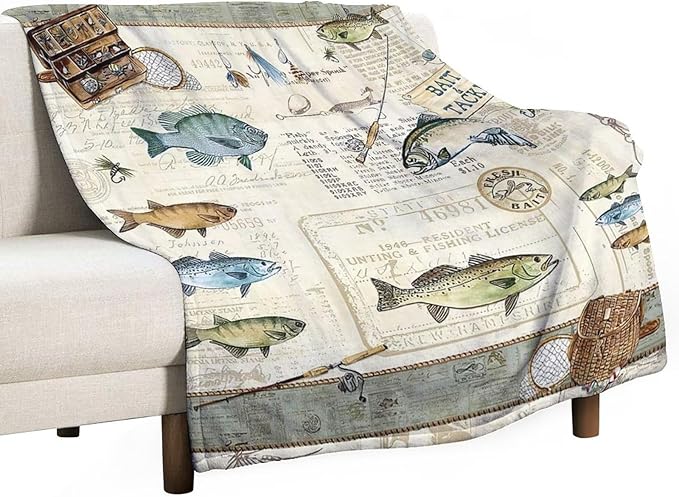 Fishing Blanket Fishing Gifts for Men Fish Throw Blanket Fishing Blanket for Kids Adults Soft Warm Cozy Fleece Blanket for Couch Sofa Bed 50"x60"