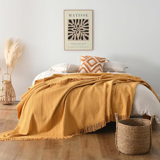 100% Cotton Waffle Blanket with Fringe, Pre-Washed Waffle Weave Blanket for All Season, Lightweight Breathable Soft Cozy Throw Blanket for Couch, Bed, Travel (Mustand Yellow - 66x90 Inches)
