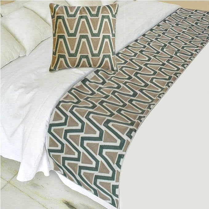 The HomeCentric Muted Green & Mocha Brown Bed Runner for King/Queen/Twin Cotton Decorative Bed Scarf 53"x18" Bed Runner Without Pillow Cover, Geometric Bed Scarf Bedroom Décor Accent - Triad