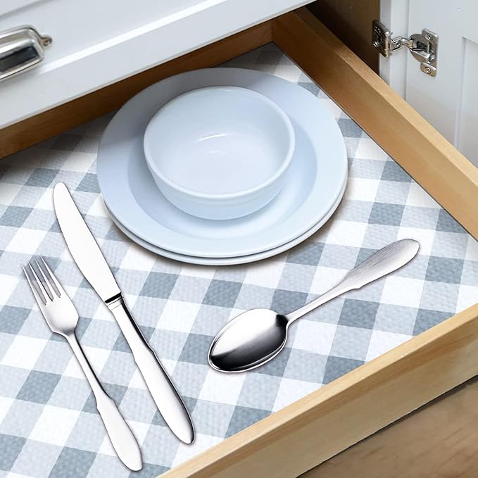 RAY STAR 12X120 Inch Shelf Liner for Kitchen Cabinets, Non-Adhesive Cabinet Liner Washable, PVC Drawer Liner for Dresser Non-Slip Bathroom (Plaid)(4 Roll)