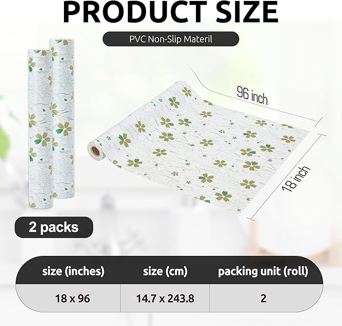 RAY STAR 18X96 Inch Shelf Liner for Kitchen Cabinets, Non-Adhesive Cabinet Liner Washable, PVC Drawer Liner for Dresser Non-Slip Bathroom (Green-Floral)(2 Roll)