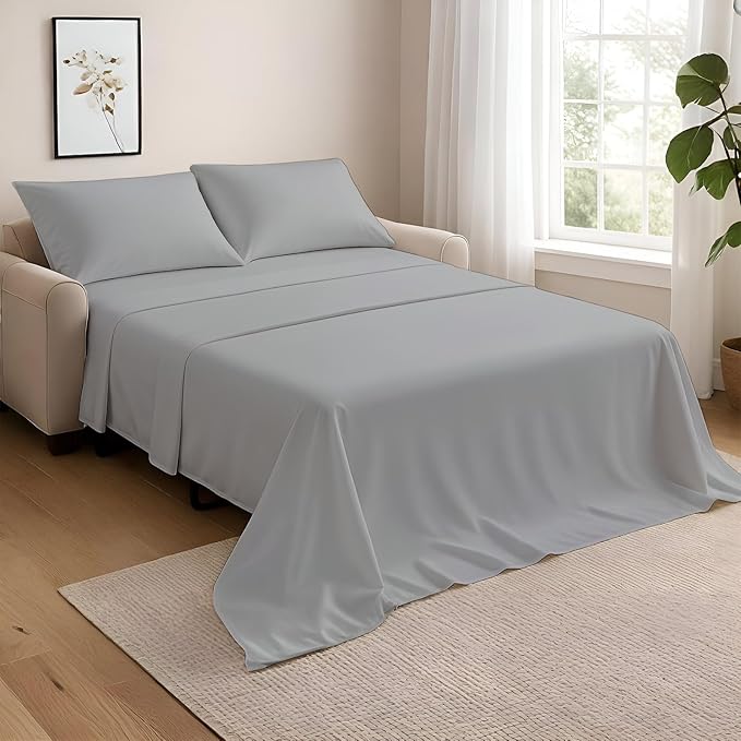 NON Sticky cotton Full Size Sleeper Sofa Sheets, 4 Piece Egyptian Cotton Bed Sheet Set for Sofa Bed, 10" Deep Pocket for Pull Out Couch Mattress, 54" x 75", Light Grey Solid, Soft & Breathable