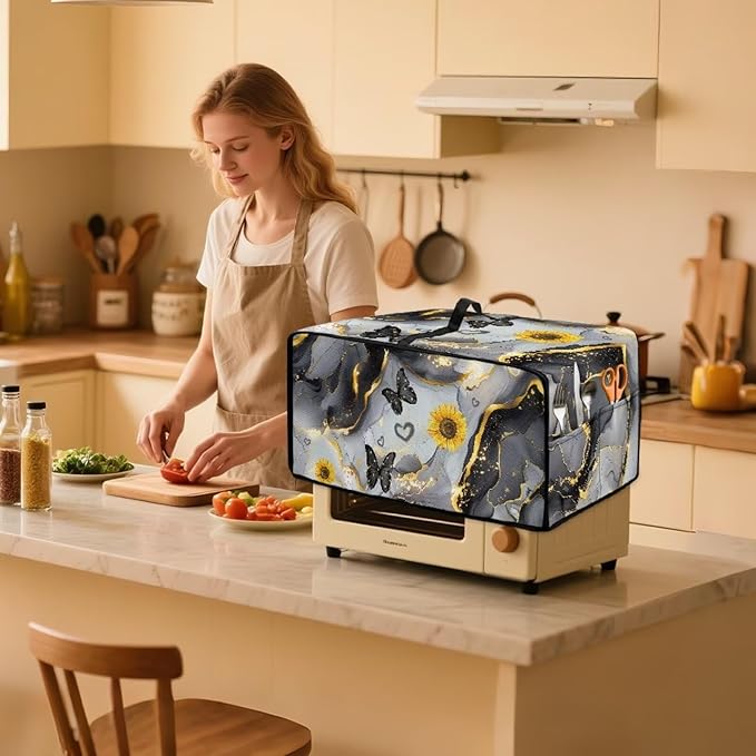 Convection Oven Cover Countertop Appliance Covers Stain-resistant Microwave Oven Protector for Kitchen Home Decor, M, Black Gray Gold Marble Butterfly Sunflower