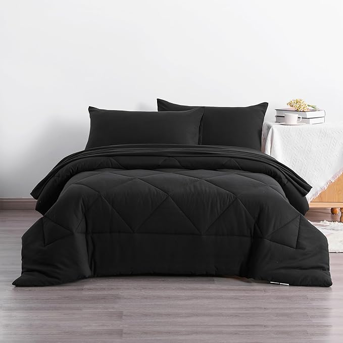 NTBAY Twin Comforter Set with Sheets, 5 Pieces Soft and Breathable Twin Bedding Set, Twin Bed in a Bag, Down Alternative Comforter Set Solid Color All Season, Kids Bedding Set, Black