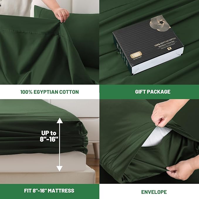 100% Egyptian Cotton Sheets Cal King Sheet Set 1000 Thread Count Sateen Weave Soft Breathable 16-Inch Deep Pocket 4PCS（California King,Forest Green）