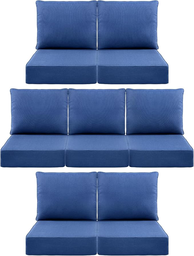 Luxury 6" Outdoor Cushions for Patio Furniture, 24x24x6" Thick Seat Cushion Set of 7, Fade Resistant Couch Chair Replacement Cushions High Density Deep Wicker Chair Cushion w/ Removable Cover, Blue