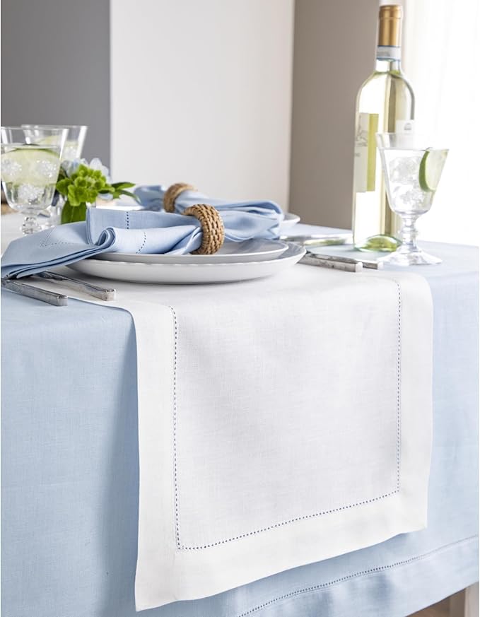 Solino Home Linen White Table Runner 144 Inches Long - 100% Pure Linen Extra Long Table Runner 14 x 144 Inch for Christmas, Holiday, New Year - Classic Hemstitch